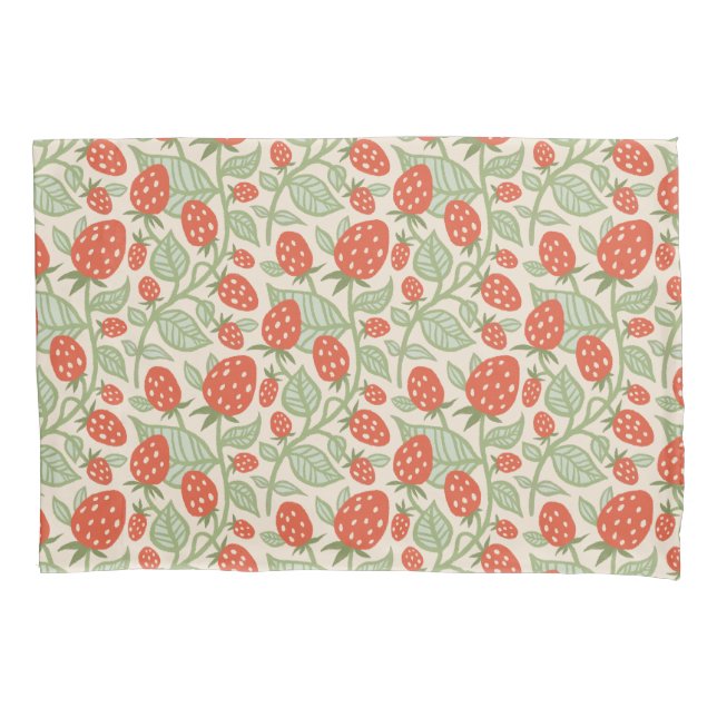 Red strawberry & green leaves pattern pillow case (Front)