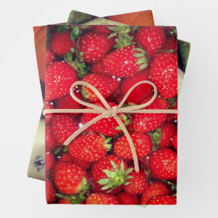 Red strawberry, green pear and orange fruit custom wrapping paper sheets