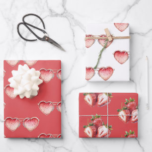 Red Strawberry Heart Colored Glasses Birthday Wrapping Paper Sheets