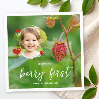 Red Strawberry &amp; Kid's Photo Berry First Birthday Napkins
