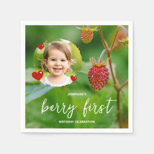 Red Strawberry & Kid's Photo Berry First Birthday Napkins