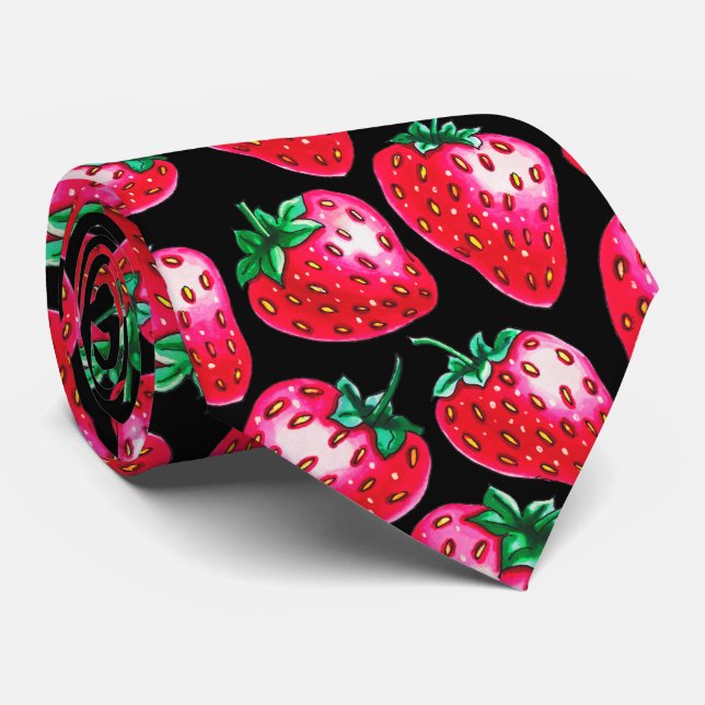 Red Strawberry on black background Neck Tie (Rolled)