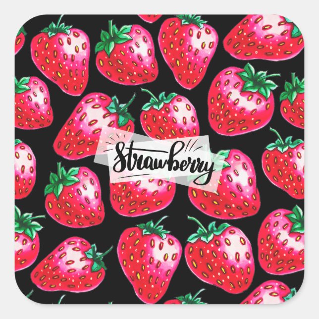 Red Strawberry on black background Square Sticker (Front)