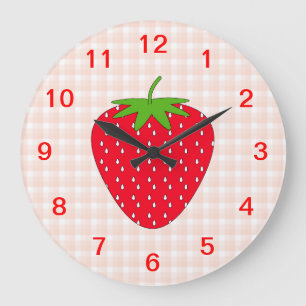 Red Strawberry on Gingham Check. Large Clock