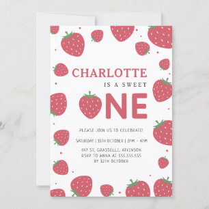 Red Strawberry Pattern 1st Summer Birthday Invitation