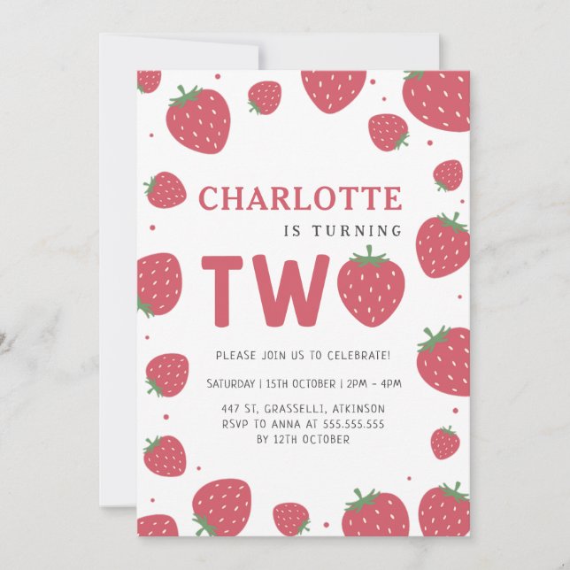 Red Strawberry Pattern 2nd Summer Birthday Invitation (Front)