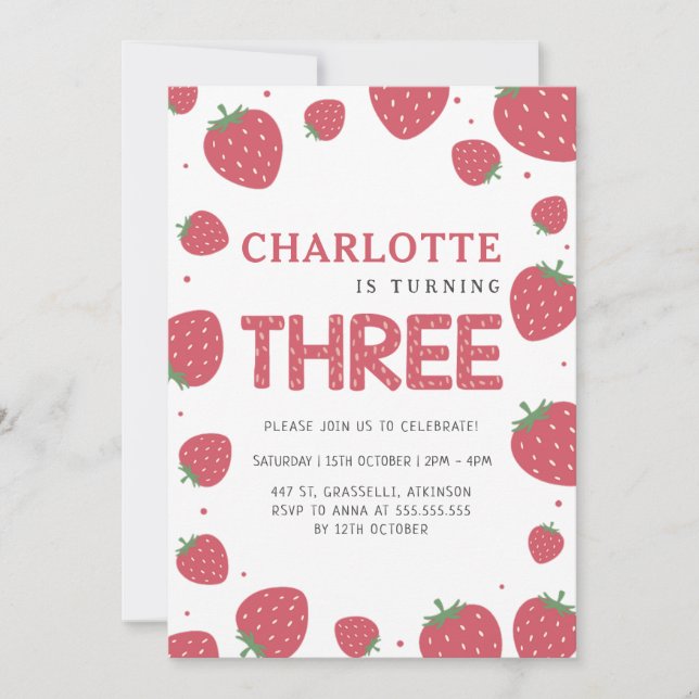 Red Strawberry Pattern 3rd Summer Birthday Invitation (Front)