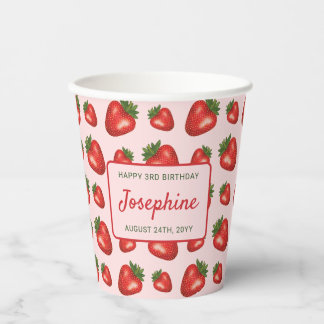 Red Strawberry Pattern On Pink Happy Birthday Paper Cups
