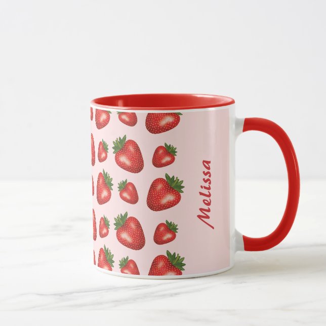 Red Strawberry Pattern On Pink With Custom Name Mug (Right)
