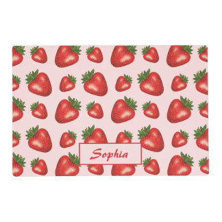 Red Strawberry Pattern On Pink With Custom Name Placemat