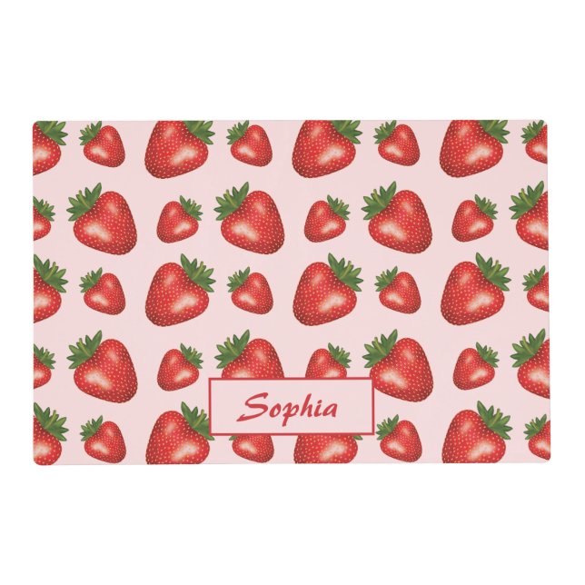 Red Strawberry Pattern On Pink With Custom Name Placemat (Front)