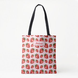 Red Strawberry Pattern On Pink With Custom Text Tote Bag
