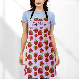 Red Strawberry Pattern Pink Custom Name Apron