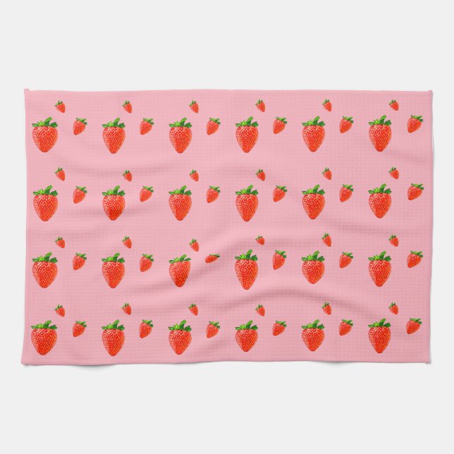 Red Strawberry Pattern Pink Party  Kitchen Towel (Horizontal)