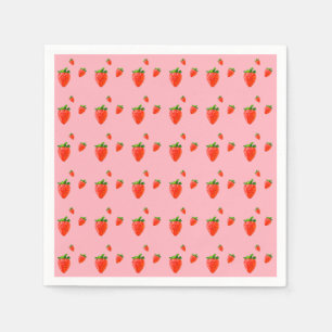 Red Strawberry Pattern Pink Party Napkins