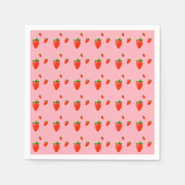 Red Strawberry Pattern Pink Party Napkins (Front)