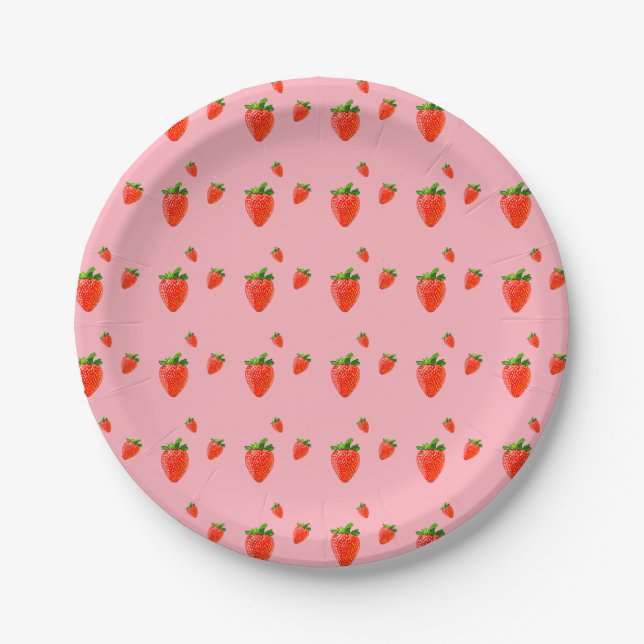 Red Strawberry Pattern Pink Party  Paper Plates (Front)