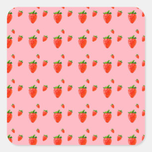 Red Strawberry Pattern Pink Square Sticker