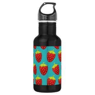 Red Strawberry Pattern Teal Background Water Bottle