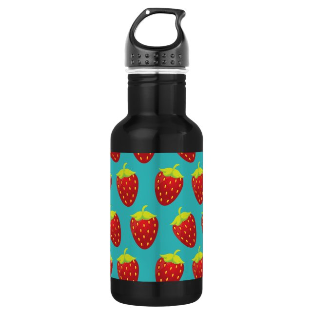 Red Strawberry Pattern Teal Background Water Bottle (Front)