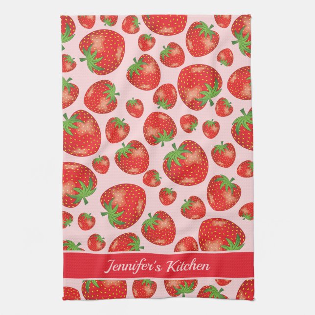 Red Strawberry Pattern With Custom Text Kitchen Towel (Vertical)