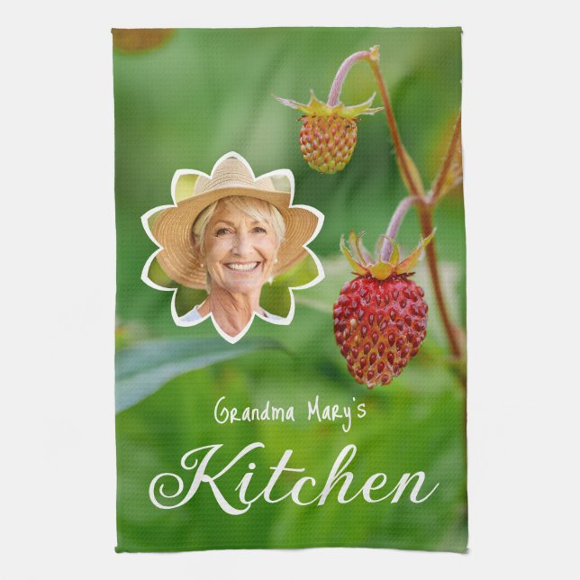 Red Strawberry Photo Grandma's Portrait Custom Kitchen Towel (Vertical)