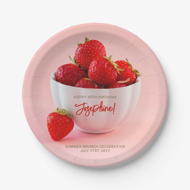 Red Strawberry Photo Summer Brunch Happy Birthday Paper Plates (Front)