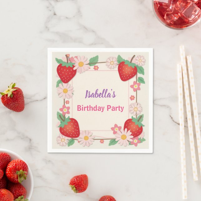 Red Strawberry pink Birthday Party for kids Napkins (Insitu)