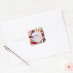 Red Strawberry pink Birthday Party for kids Square Sticker
