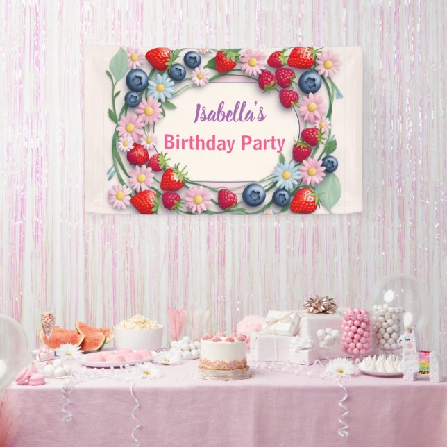 Red Strawberry pink Daisy Birthday Party for her Banner (Party)