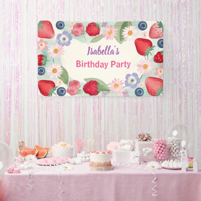 Red Strawberry pink Daisy Birthday Party for her Banner (Party)