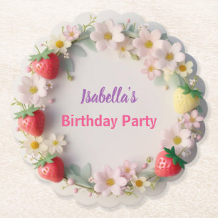 Red Strawberry pink Daisy Birthday Party for her Paper Coaster
