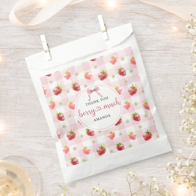 Red Strawberry Pink Plaid Thank You Berry Much Favor Bag (Clipped)