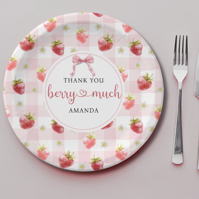 Red Strawberry Pink Plaid Thank You Berry Much Paper Plates (Creator Uploaded)