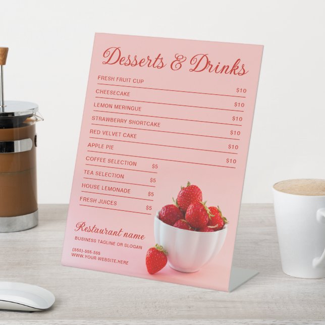 Red Strawberry Restaurant Dessert And Drinks Menu Pedestal Sign (In SItu)