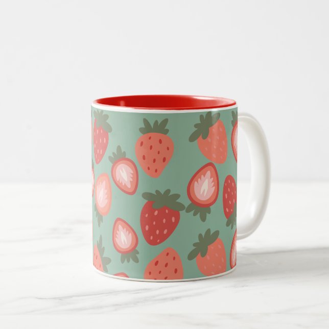 Red Strawberry Seamless Pattern Two-Tone Coffee Mug (Front Right)