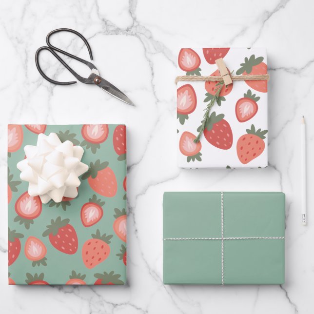 Red Strawberry Seamless Pattern Wrapping Paper Sheets (Front)