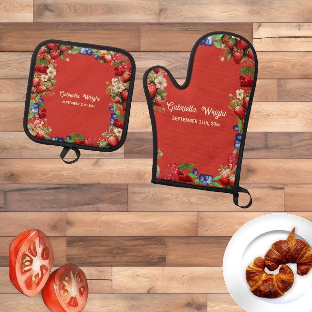 Red Strawberry Summer Fruit Very Berry Blue Sweet  Oven Mitt & Pot Holder Set (Red Strawberry Summer Fruit Very Berry Blue Sweet Oven Mitt & Pot Holder Set)