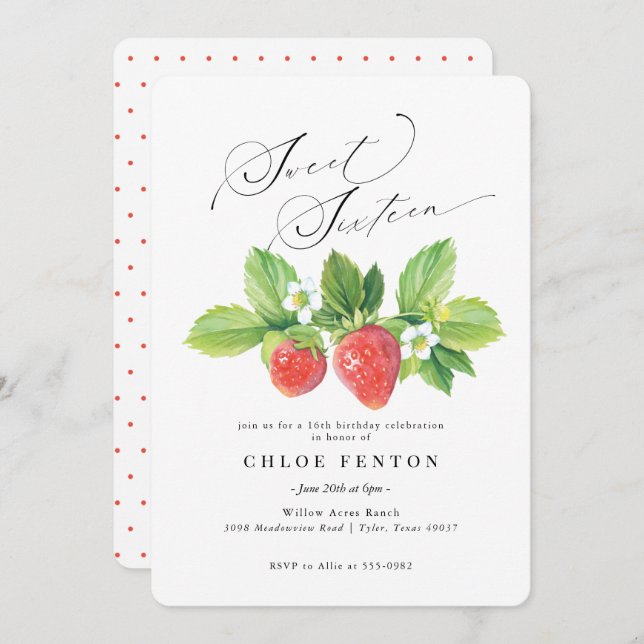Red Strawberry Sweet Sixteen Birthday Invitation (Front/Back)