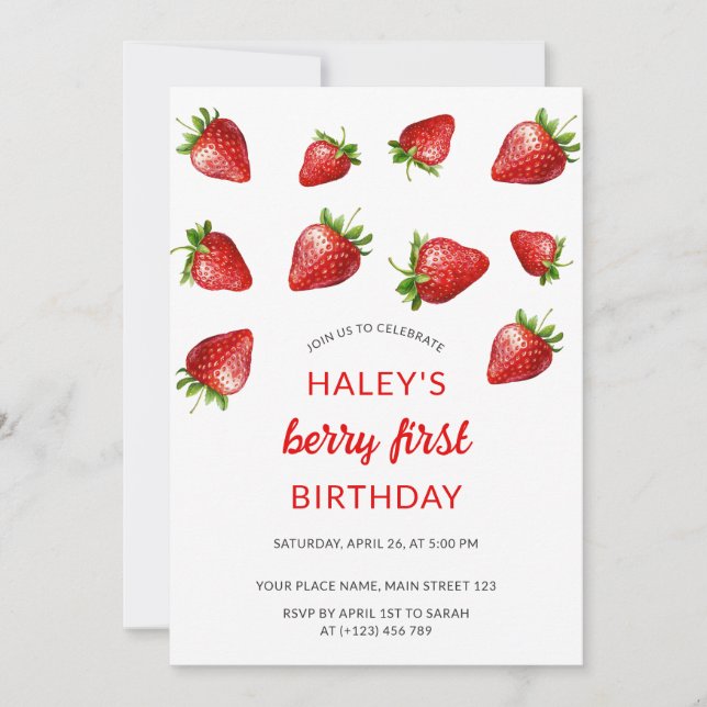 Red Strawberry Watercolor Berry 1st Baby Birthday Invitation (Front)