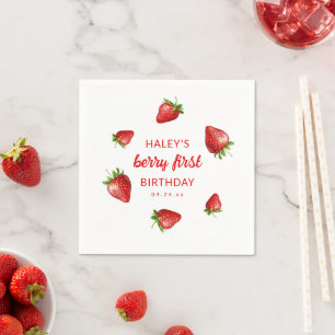 Red Strawberry Watercolor Berry 1st Baby Birthday Napkins