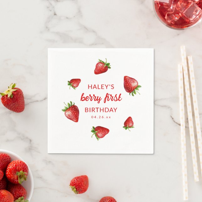 Red Strawberry Watercolor Berry 1st Baby Birthday Napkins (Insitu)