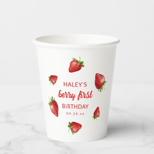 Red Strawberry Watercolor Berry 1st Baby Birthday Paper Cups