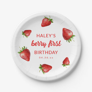Red Strawberry Watercolor Berry 1st Baby Birthday Paper Plates