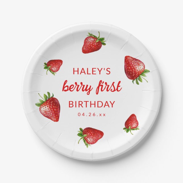 Red Strawberry Watercolor Berry 1st Baby Birthday Paper Plates (Front)