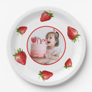 Red Strawberry Watercolor Berry 1st Photo Birthday Paper Plates