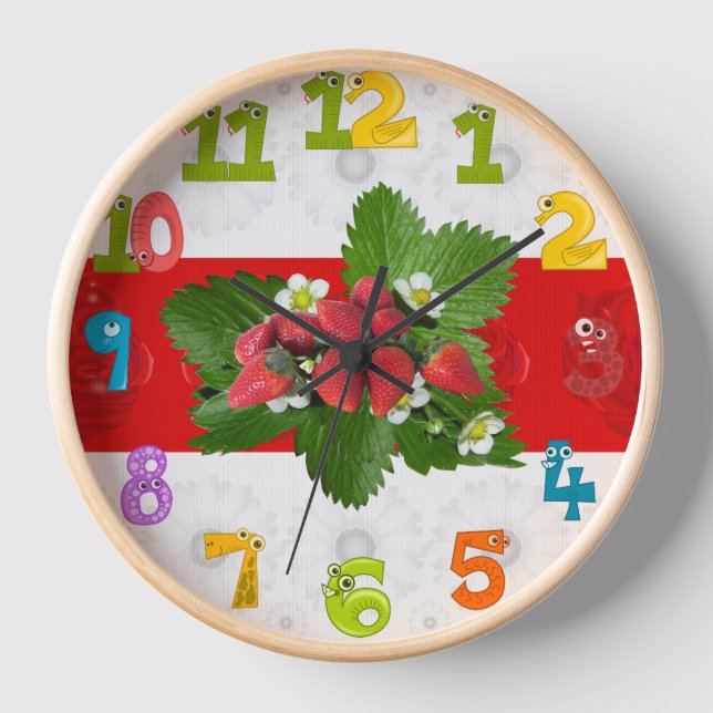 Red Strawberry With Green Leaves & Flowers Photo Clock (Front)