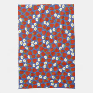 Red Strawberry with Navy White Basketweave backgrd Kitchen Towel