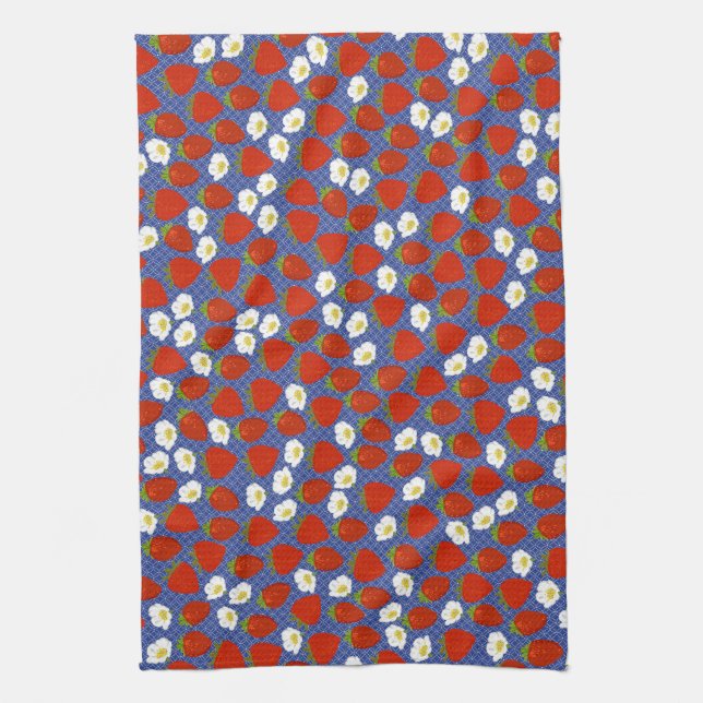Red Strawberry with Navy White Basketweave backgrd Kitchen Towel (Vertical)