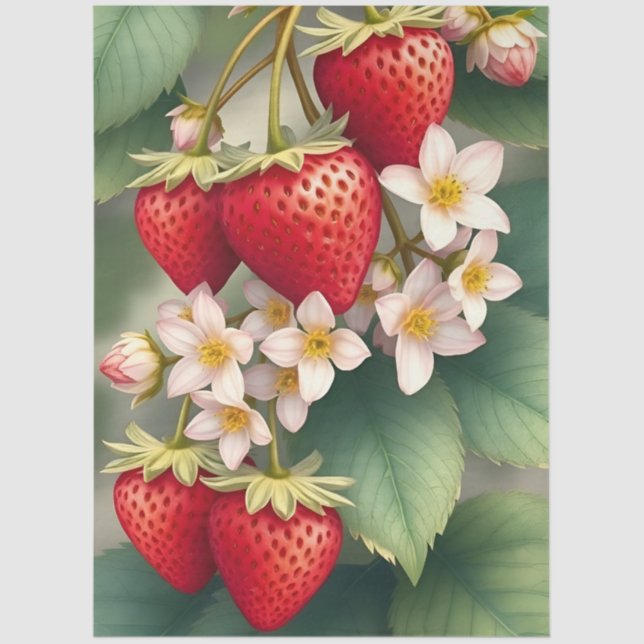 Red Strawberry With White Flowers & Green Leaves Tissue Paper (Front)
